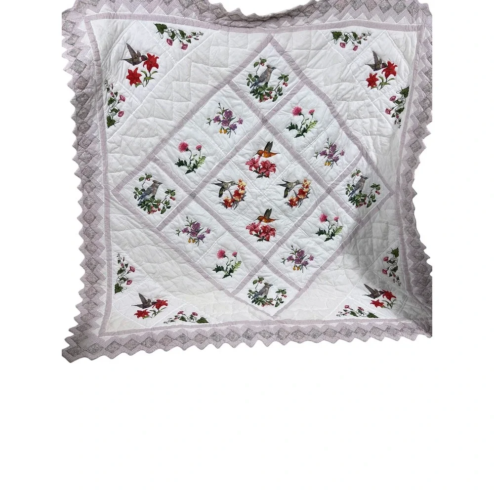 Vintage Hummingbird Floral Quilt Set Scalloped Edge 86x86 With 2 Shams